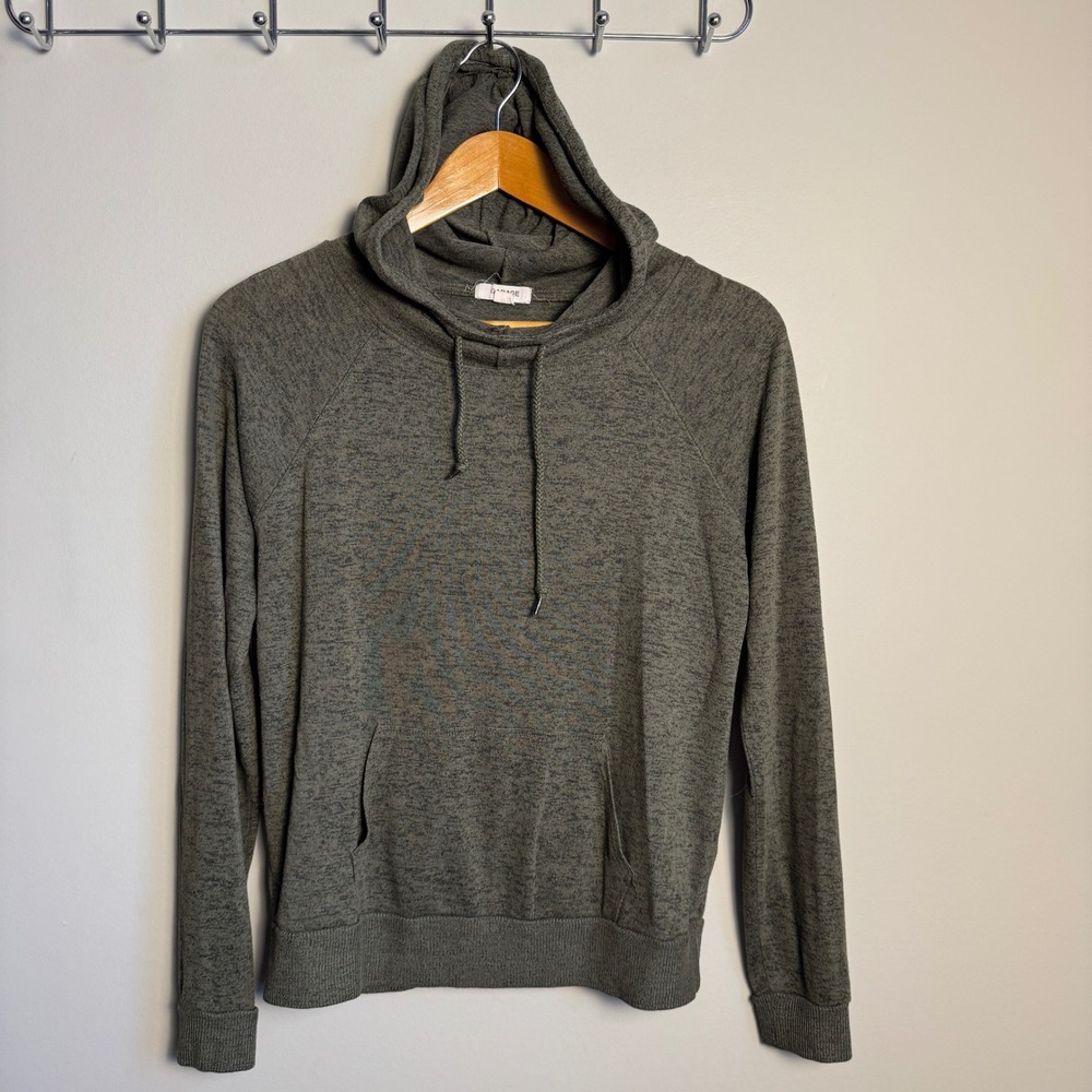 GARAGE Mens Long Sleeve Hoodie Pullover Heathered Charcoal Grey Small Grunge